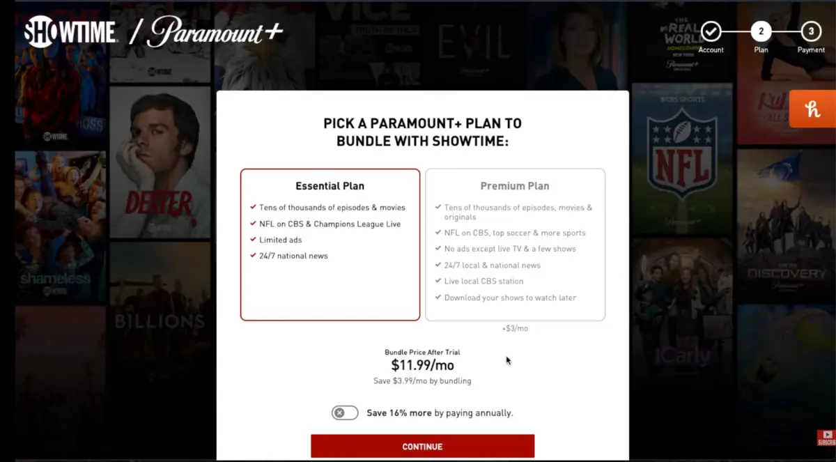 Pick the plan to bundle with showtime: Essential Plan and Premium Plan.